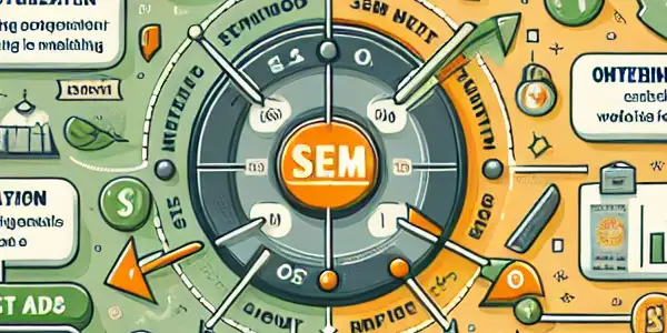 SEO与SEM的关键区别与联系信息图，展示关键词研究、内容优化、即时结果等要素。