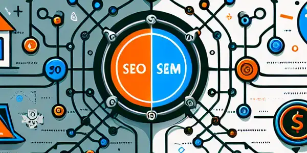 SEO与SEM的区别与联系，包含优化、广告、数据分析等元素。