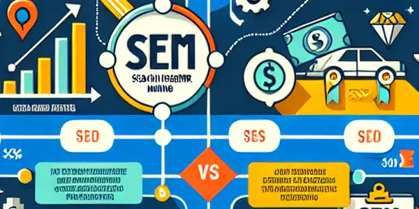 SEO与SEM的对比与联系，包含关键词研究、内容创作、付费广告等元素。