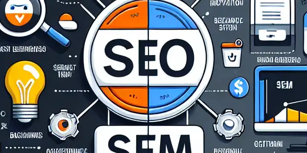 SEO与SEM对比信息图，展示关键词研究、内容质量、付费广告及目标受众。