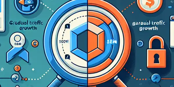 SEO与SEM的比较信息图，左侧为SEO，右侧为SEM，展示关键元素和相互关系。