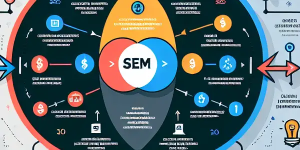 SEO与SEM的区别与联系信息图，包含图标、要点和Venn图示。