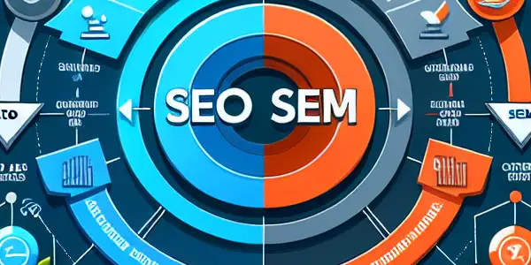 SEO与SEM的对比信息图，展示关键词、广告、流量增长及相互联系。