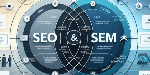 SEO与SEM的比较信息图，展示关键元素与相互关系。