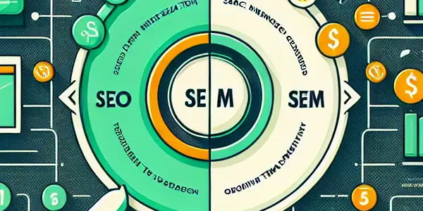 SEO与SEM的区别与联系信息图，包含关键词、网站结构、广告投放等元素。