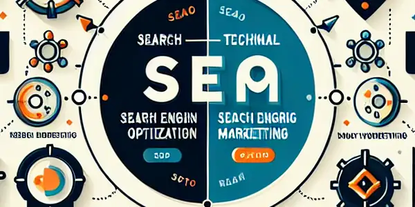 SEO与SEM的区别与联系信息图，左侧为SEO，右侧为SEM，中间为共同目标的维恩图。