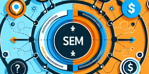 SEO与SEM的区别与联系信息图，包含关键词研究、流量增长和付费广告等元素。