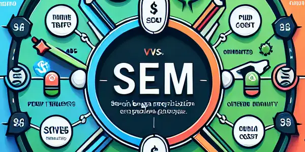 对比SEO与SEM的图表，展示各自特点及共同目标。