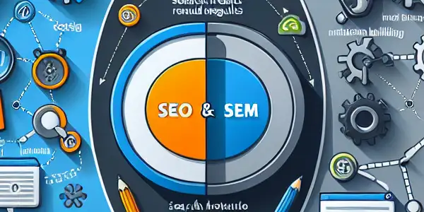 SEO与SEM的对比信息图，展示关键词研究、内容优化、即时结果等要素。