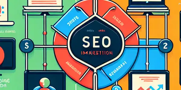 SEO与SEM的对比信息图，展示关键词研究、流量分析和付费广告等关键概念。