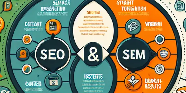 SEO与SEM的对比信息图，展示关键元素及共同目标。