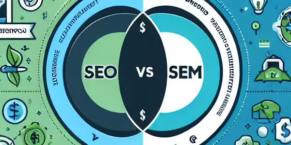 SEO与SEM的对比信息图，左侧为SEO要素，右侧为SEM特点，中间为Venn图。