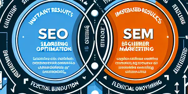 SEO与SEM的对比和联系信息图，展示关键要素和相辅相成的关系。