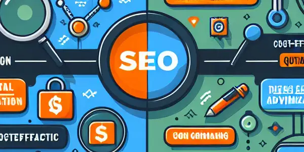SEO与SEM的区别与联系信息图，包含关键元素、特征总结及重叠优势。
