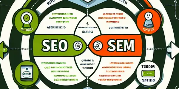 SEO与SEM的对比与联系信息图，展示关键词研究、广告投放等要素。