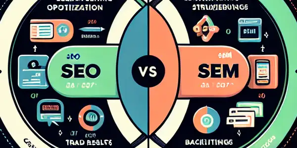 SEO与SEM的对比信息图，展示关键要素、关系及相互补充。