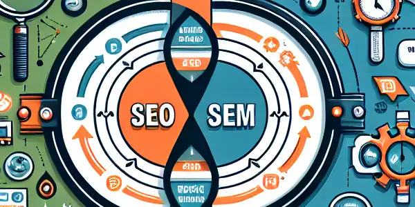 SEO与SEM的区别与联系，包含关键词研究、内容创作、付费广告等要素。