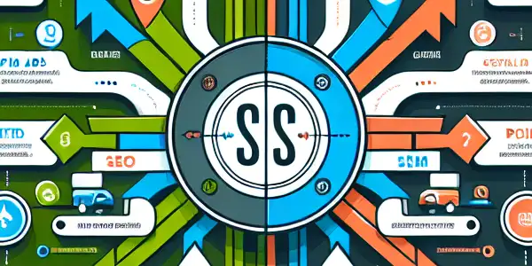 SEO与SEM的对比信息图，展示关键词研究、广告投放及共同目标。