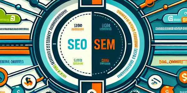 SEO与SEM的对比信息图，展示其目标、关键元素及协同效应。