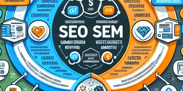 SEO与SEM的区别与联系，包含关键词、内容创作、付费广告等元素。