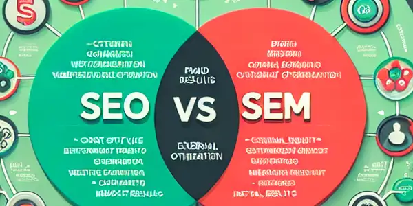 SEO与SEM的区别与联系，展示关键要素和共同目标的图表。