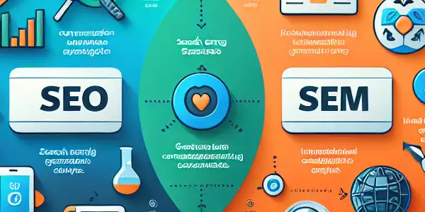 SEO与SEM的区别与联系信息图，包含Venn图、关键要素和共享目标。