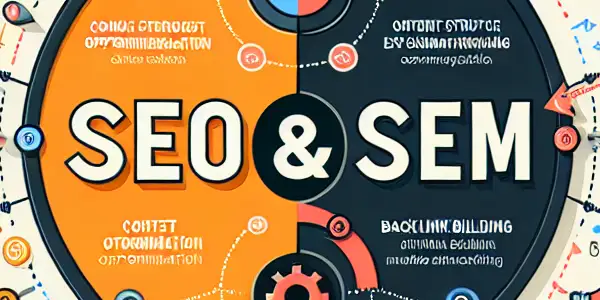 SEO与SEM的差异与联系信息图，包含Venn图、关键点与图标。