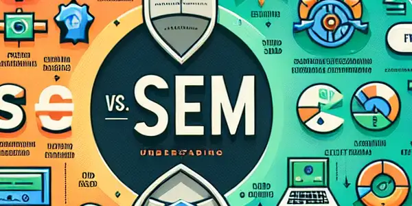 SEO与SEM的区别与联系信息图，包含Venn图及相关图标。