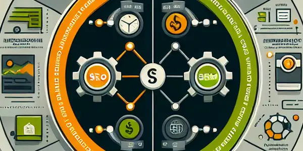 SEO与SEM的区别与联系信息图，包括Venn图、关键概念图标和性能指标。