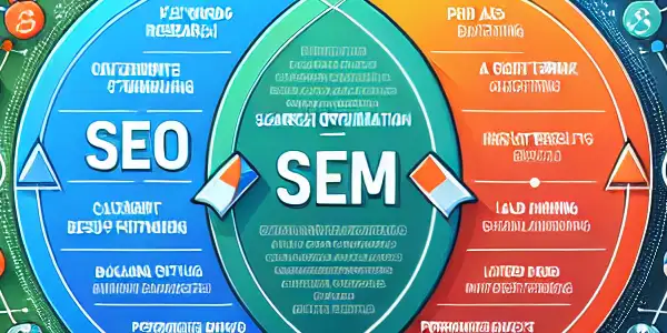 SEO与SEM的区别与联系信息图，包含Venn图及相关元素。