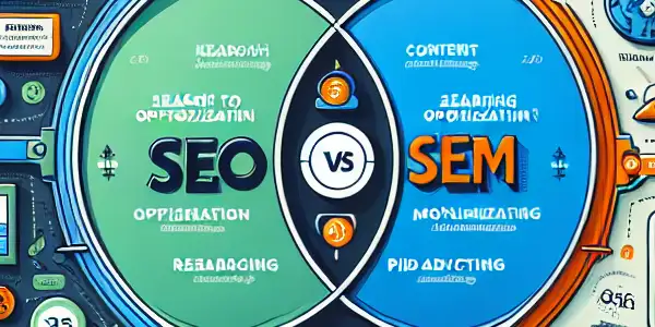 SEO与SEM的关系及区别图，中心有维恩图，包含关键词研究、内容优化等要素。