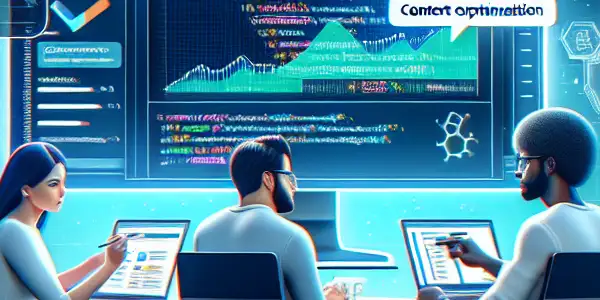 现代办公室中，团队合作开发SEO网站，分析数据和优化内容。